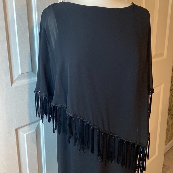 Xscape Black Dress with Fringe Cape Overlay Size 10 in EUC - Picture 2 of 6